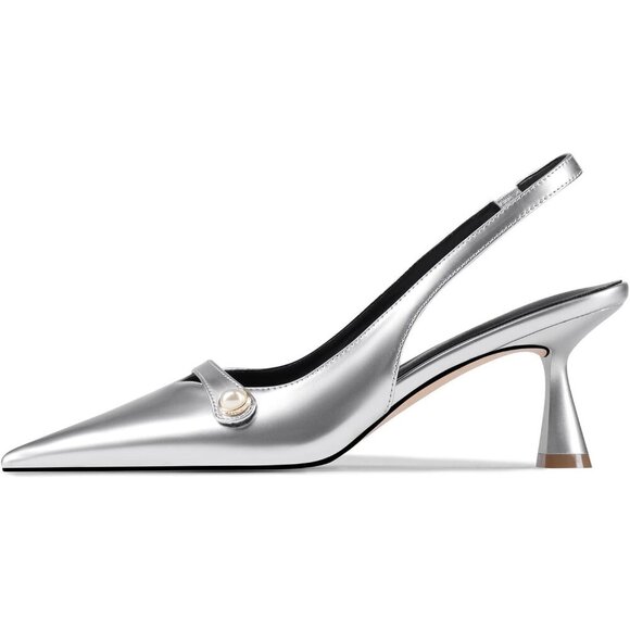 🆕Women Silver Faux Leather Kitten Heels Slingback Pearl Pumps - Picture 2 of 7